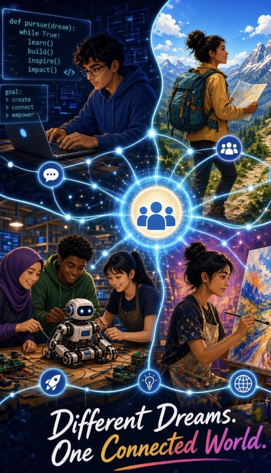 Different dreams, one connected world — students coding, trekking, building robots, and painting, connected by one network